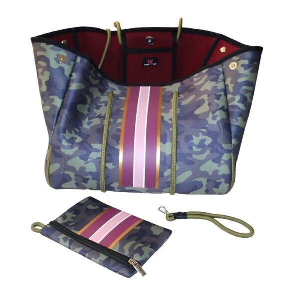Taylor Gray Carell Large Neoprene Camo green & grey Tote Pink and purple stripes - Picture 1 of 12